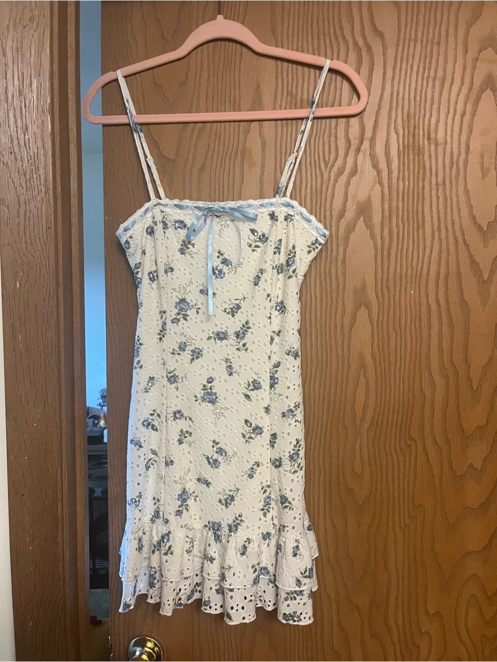 Altar'd State White Dress with Blue Floral Print and Ribbon
